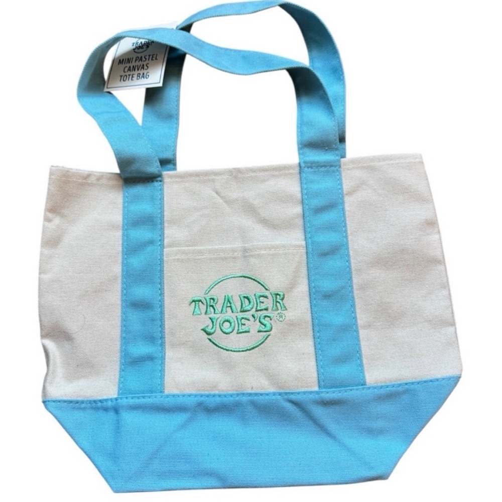Trader Joe’s Mini Canvas Tote Bag Blue & Cream Pastel Reusable Shopping Bag